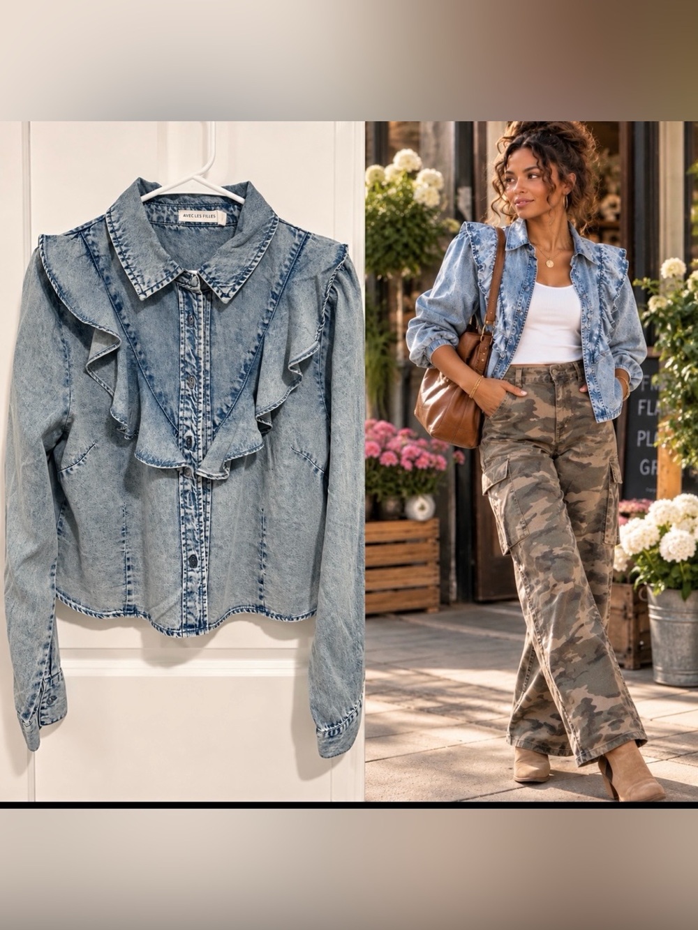 NWT Boho Cottagecore Vintage Acid Washed Denim Ruffle-Front Jacket Shirt sz L